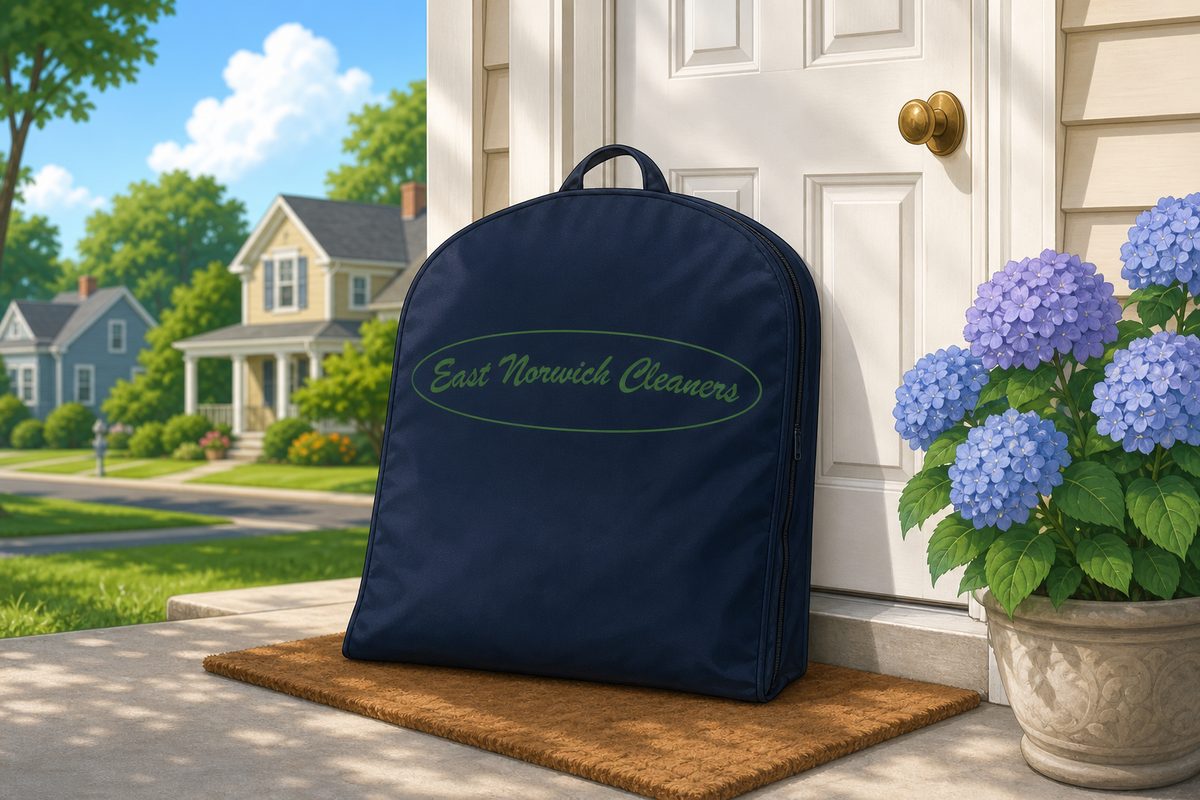 A navy garment bag waiting on the front doormat